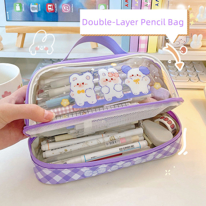 Cyflymder  Cute Transparent Pencil Case Kawaii Bunny Bear Pencil Pouch 2- Layer High Capacity Waterproof Protable Stationery Storage Bag