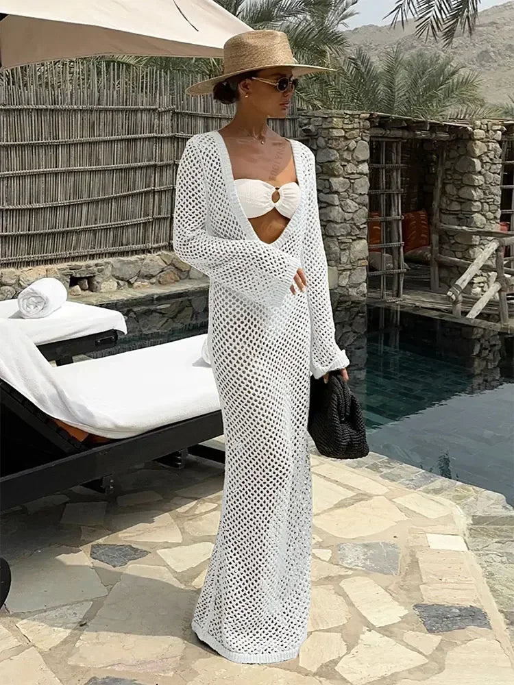 Cyflymder  Sexy U-neck Bell Sleeve Knit Maxi Dress Summer 2024 Women Swimwear Feminine Bikinis Cover-ups Holiday Crochet Beach Outfit K21