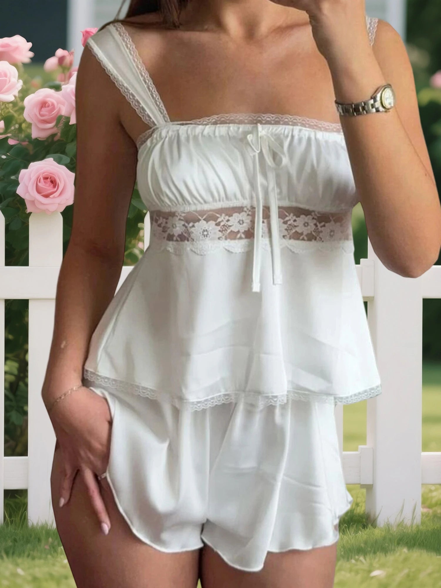 Cyflymder  Women s Lace Trim Square Neck Sleeveless Cami Pajama Set with Elastic Waist Mini Shorts - 2 Piece Sleepwear Outfit for a