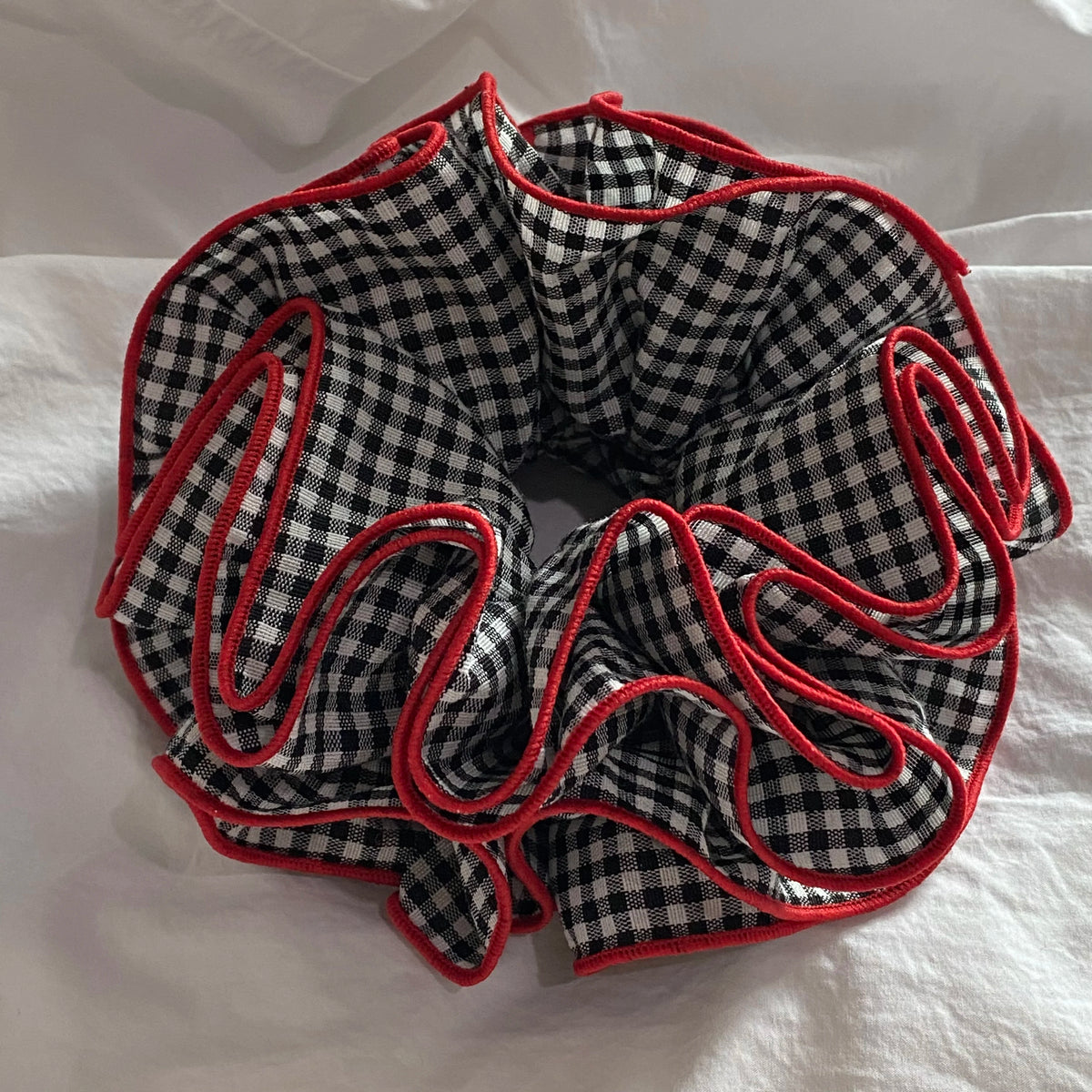 Cyflymder  1PC Black And White Gingham Hair Scrunchie With Red Trim, Large Voluminous Hair Tie, Stylish Hair Accessory For Women