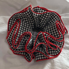 Cyflymder  1PC Black And White Gingham Hair Scrunchie With Red Trim, Large Voluminous Hair Tie, Stylish Hair Accessory For Women