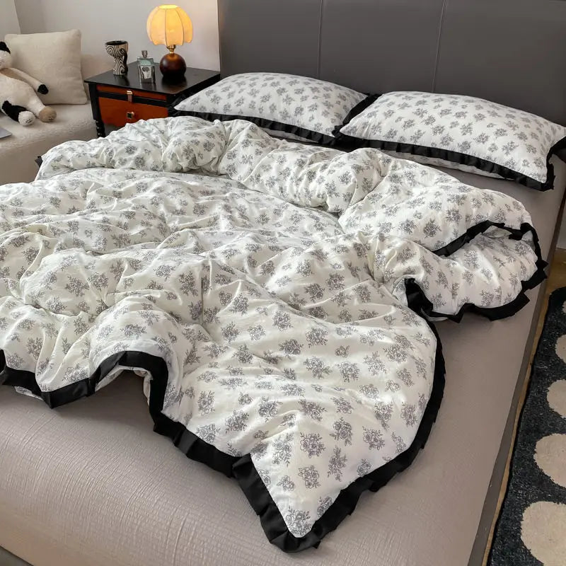 Cyflymder  INS French Style Floral Simple Black Lace Double Layer Gauze Bedding Set Washed Cotton Bed Sheet Fitted Sheet Fresh Quilt Cover