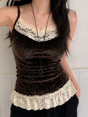 Cyflymder   Y2k Sexy Lace Patchwork Solid Temperament V Neck Spaghetti Strap Sleeveless Tanks