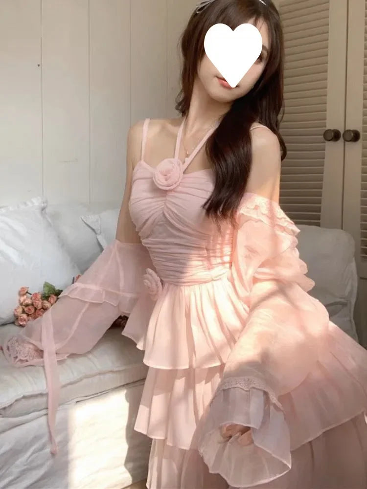 Cyflymder  Ballet Style Off-Shoulder Strap Dress Women's Summer New Waist-Cinching Slimming Heavy-Work Design Short Cake Skirt Dress