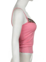 Cyflymder  Sweet Cute Patchwork Leopard Lace Camis Top Sexy Slim Slash Neck Sleeveless Tank Tops Women Summer Fashion Ladies