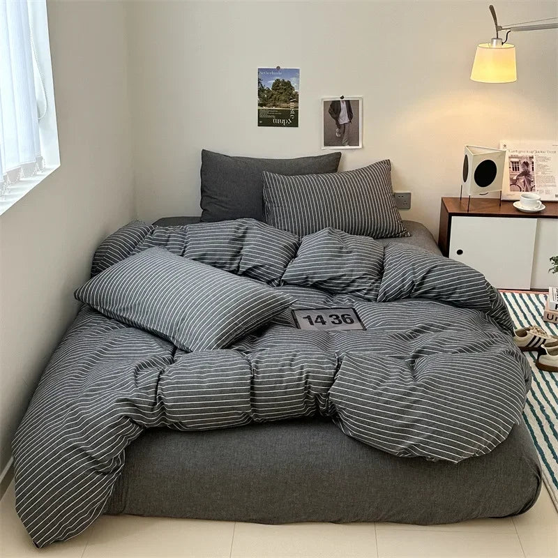 4Pcs Light Luxury Striped Washed Cotton Bedclothes Set Smooth Skin Friendly Soft Bed Sheet Set Home Textile Supplies for Adults