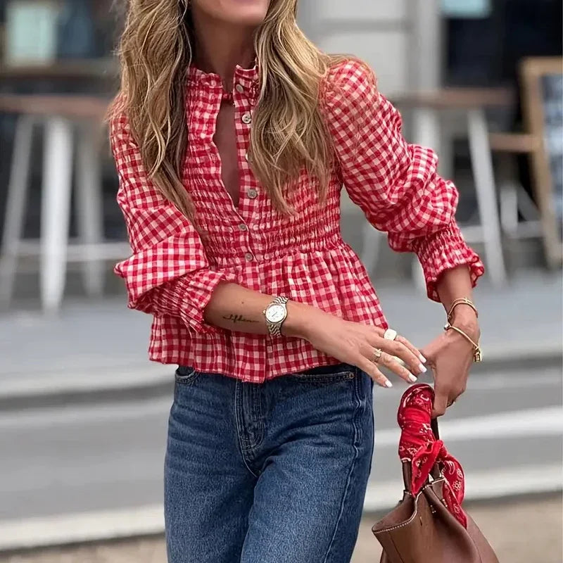 Cyflymder  Women Fashion Plaid Print Commuting Shirt Elegant Stand Collar Puffed Sleeve Autumn Blouse Lady Casual Single breasted Slim Tops