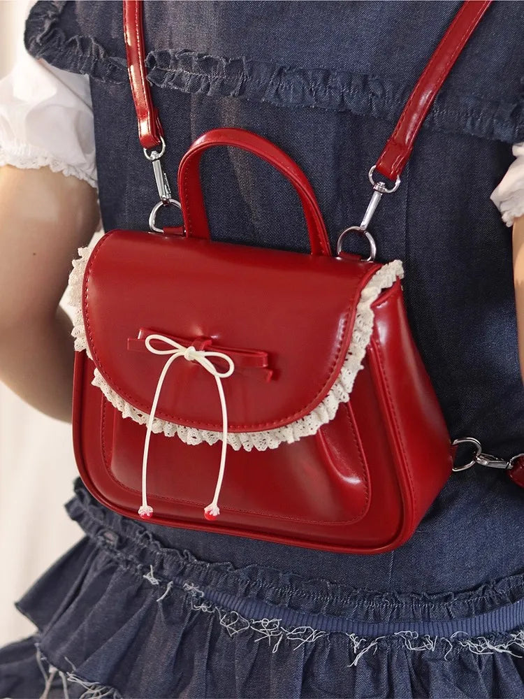 Cyflymder  Kawaii Japanese Sweet Red Backpack Women Bow Ruffled Minimalist Versatile Shoulder Bag Ladies Lolita Academic Mochilas Mujer New