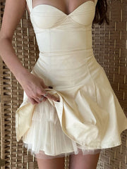 Cyflymder  Elegant Summer Beige Mini Dresses Women Sexy Strappy Cotton Ruffle Sleeveless Vocation Party Ladies Dress Vestidos New