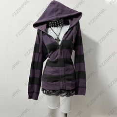 Cyflymder  Y2K Grunge Gothic Women Zip Up Hoodie Purple Black Striped Slim Long Sleeve Soft Fleece Punk Alt Streetwear Jacket