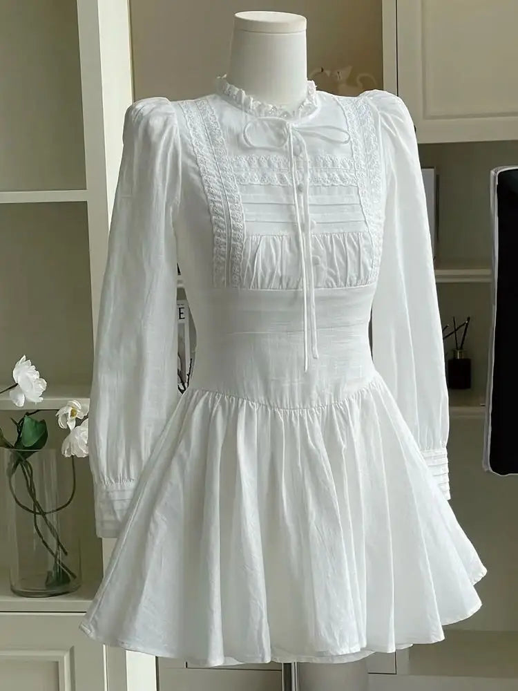 Cyflymder  Preppy Style Lace Patchwork Vestidos  Autumn A-Line Grunge Women Vintage Button Dresses Y2k Aesthetic Fairy Bandage Sweet Dress