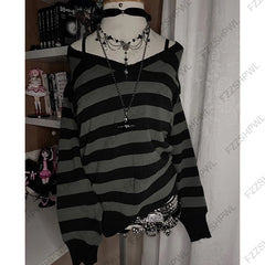 Cyflymder  Vintage vibe Stripe V-neck Women Y2k Knitted sweater Grunge Gothic Trend Pullover Fashion Punk Streetwear Long sleeve Knitt Top
