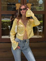 Cyflymder  Women Satin Solid Long Sleeve Shirt Notched Lapel Button Front Waist Ruffle Hem Shirts Office Lady Business Casual Blouses