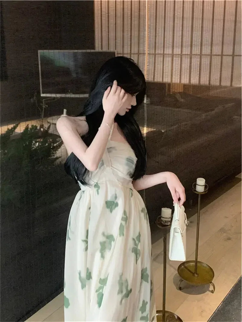 Cyflymder  Temperament Floral Neck Strapless Tulle Skirt Gentle Style Slim A-line Long Skirt