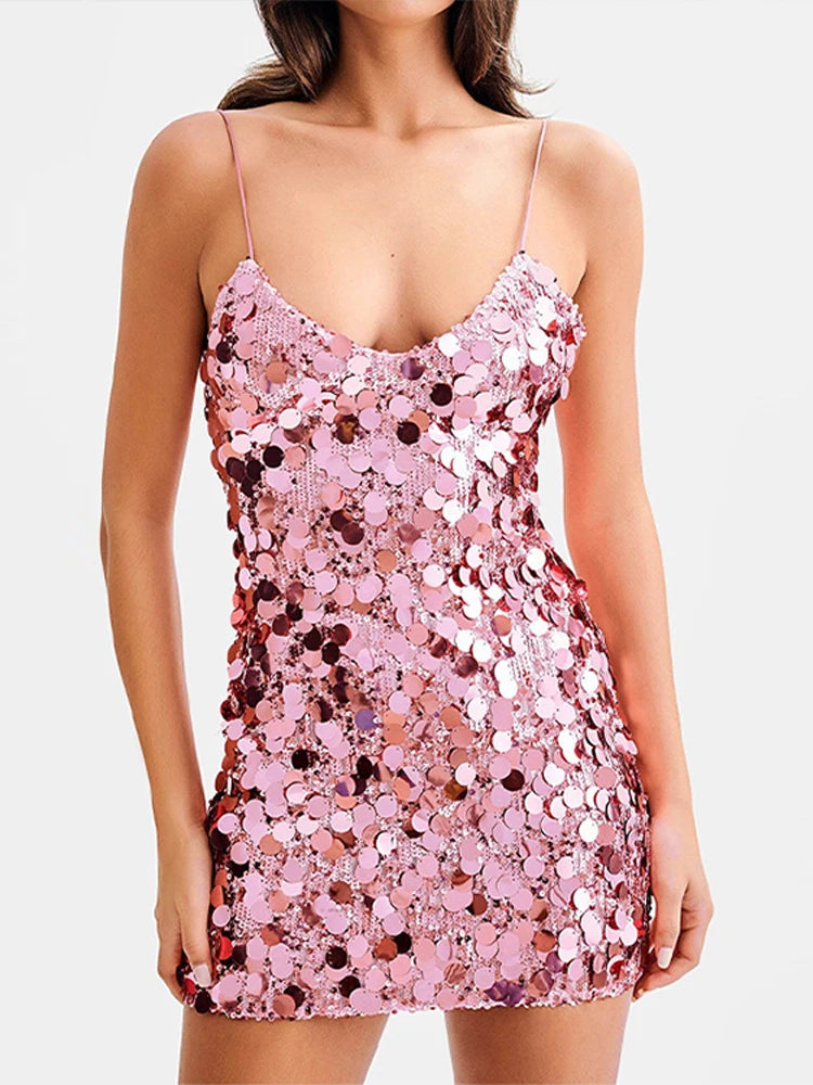 Cyflymder  Sequins Glitter Evening Party Mini Dress Women Sleeveless Backless Slim Zipper Sexy Shining Dresses A-line Solid Sexy Lady Robe