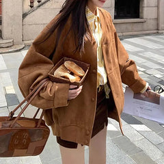 Cyflymder  Vintage Brown Bomber Jackets Women Autumn Single Breasted Full Sleeve Female Coats Fashion Streetwear Office Baseball Outerwears