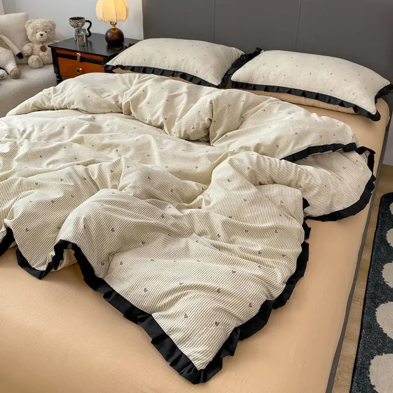 Cyflymder  INS French Style Floral Simple Black Lace Double Layer Gauze Bedding Set Washed Cotton Bed Sheet Fitted Sheet Fresh Quilt Cover