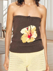 Cyflymder  Elegant Floral Print Off Shoulder Blouse Chic Knit Bandeau Shirt with Bow Detailing and  Fit for Summer Fashion