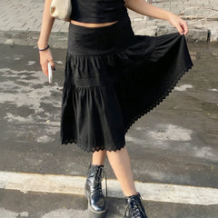 Cyflymder  Casual Elastics Waist Lace Patchwork Woven Skirts Women Summer All Match Half Black Umbrella Outfits Y2K Fashion Skirt