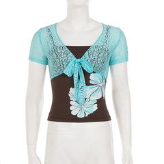 Cyflymder  Women's Chic Summer Lace Crop Top Light Blue Overlay Tie-Front Design Short Sleeve Two Pieces Design And Stylish Layered Looks