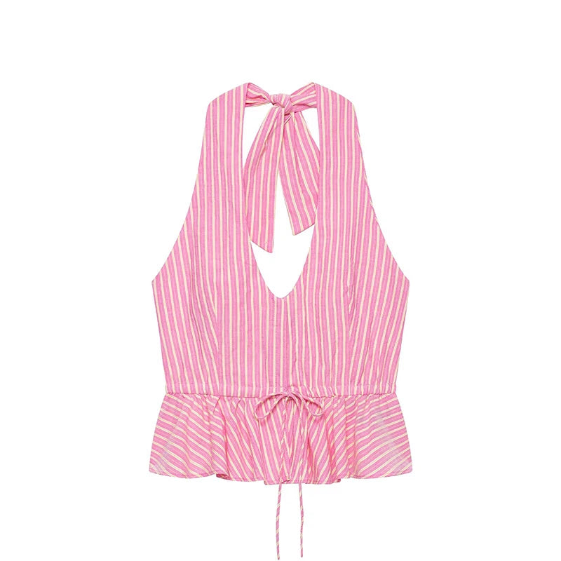Cyflymder  Casual Striped Halter Tops Pants Sets Women V Neck Backless Ruffles High Waist Wide Legs Suits Female Summer New Chic Set