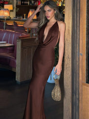 Cyflymder  Summer Latest Fashion Swinging Collar Backless Lace Up Slim Long Dress Women'S Sexy Elegant Dress Party Club Prom Outfit