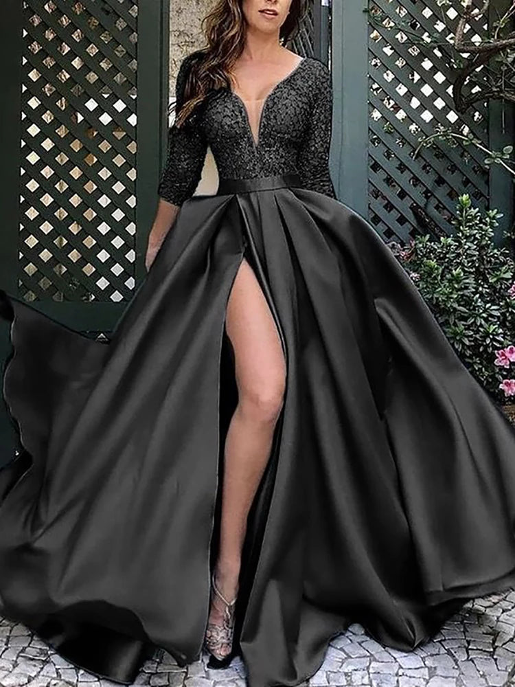 Cyflymder  Elegant Lace Sequins Women Evening Dress Patchwork Solid V-Neck Sexy High Split Prom Wedding Maxi Dress Party Club Long Dresses
