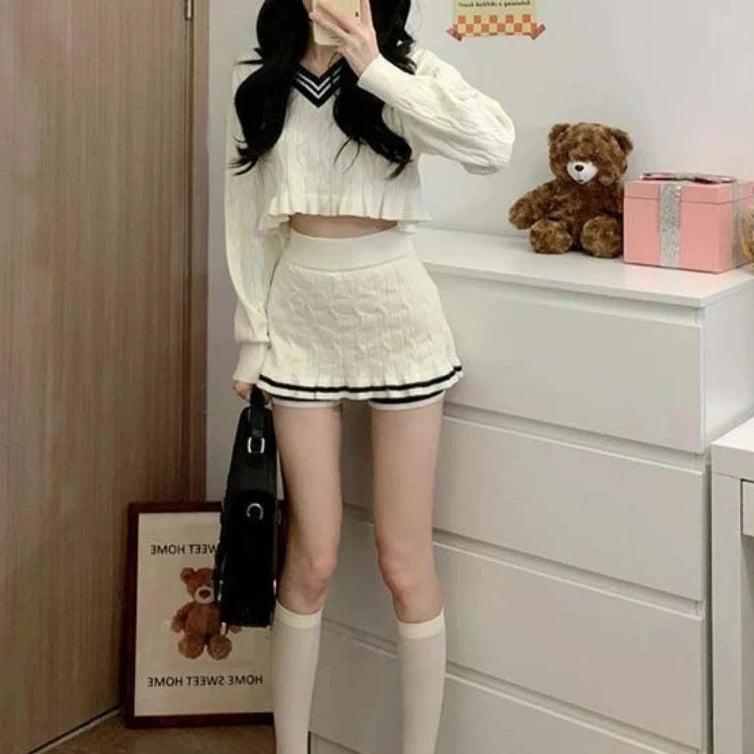 Cyflymder Korean Fashion Y2k Two Piece Skirt Set Women Sweet Stripe Knitted Sweater Crop Tops Slim Bodycon Mini Skirts Kawaii Lolita Suits