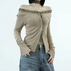 Cyflymder  Sweet Elegant Spliced Constrast Color Lace Edge Cardigan Y2k Autumn Street Single Breasted Korean Clothes Harajuku Casual Tops
