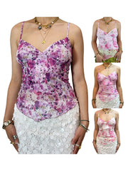 Cyflymder  Women Summer Irregular Camisole Casual Lettuce Trim Floral Print V-Neck Spaghetti Straps Tank Tops