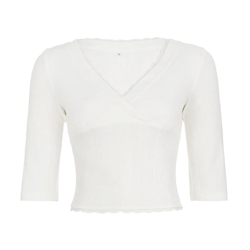 Cyflymder  Simple Basic High Street Casual V Neck Short Sleeve Shirts Y2k Aesthetic French Elegant Office Lady Clothes Harajuku Punk Tops