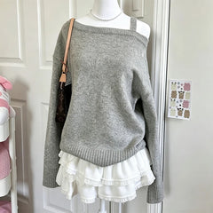 Cyflymder  Women's Y2K Retro Grey Off-Shoulder Knit Top Long Sleeve One Shoulder Cutout Design Loose Solid Color Knitwear Casual Street