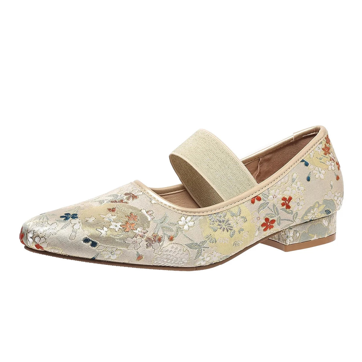 Cyflymder  Women's Low Heels Shoes Woman Elastic Band Point Toes PUmps Shallow Cloth Fabric Embroidery Women Ladies Square Heel Shoe