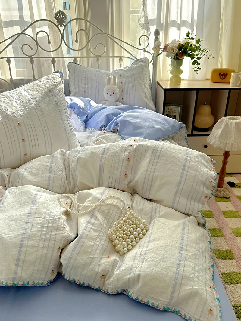 Cyflymder  100% Cotton Yarn-dyed Jacquard Floral Bedding Set Single Queen King Size Duvet Cover Bed Sheet/Fitted Sheet Pillowcases 3/4Pcs