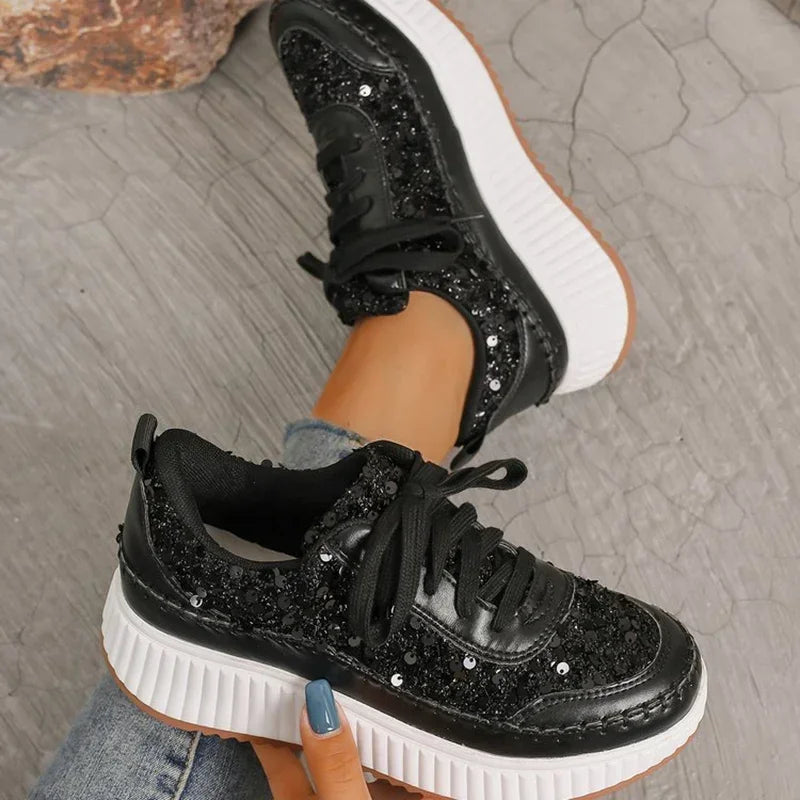 Cyflymder  Fashion Glitter Platform Sneakers Women Spring Lace Up Pink Sports Shoes Woman Plus Size 43 Thick Bottom Walking Shoes