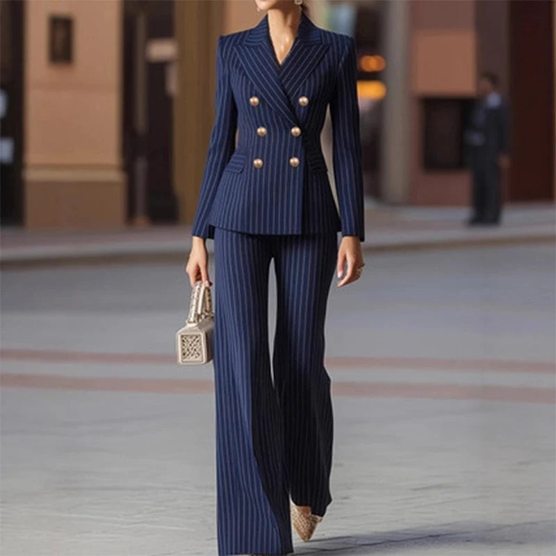 Cyflymder  Fashion Autumn Winter Ladies Pant Suit Women Striped Female Business Work Wear Jacket Blazer and Trouser Formal 2 Piece Set