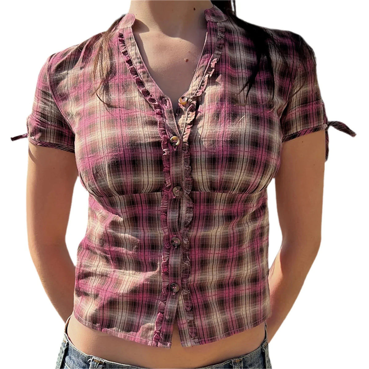 Cyflymder  Women’s Plaid Print Shirts Short Sleeve V Neck  Fit Frill Trim Tops Summer Blouses