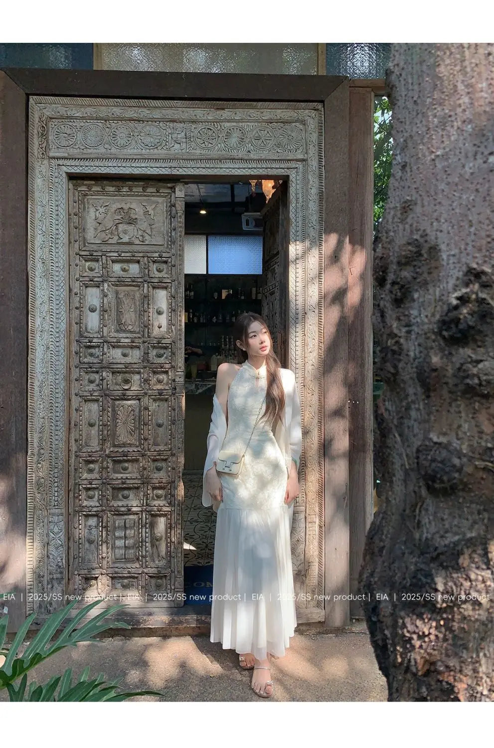 Cyflymder  Chinese Style Jacquard Cheongsam Women Spring Halter Dress