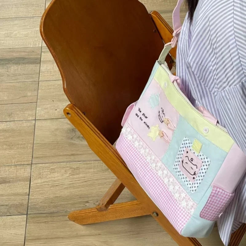 Cyflymder  All Match Kawaii Cat Embroidery Crossbody Bag Fashion Y2k Chic Canvas Bags Contrast Color Plaid Patchwork Lace Shoulder Handbags