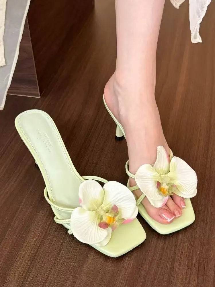 Cyflymder  Female Slip On Footwear Square Toe Ladies High Heels Pumps Slides Shoes Luxury Fashion Flower Women Thin Heels Shoes 2025 New