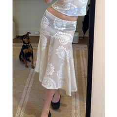 Cyflymder  Women Summer Boho Coquette Sexy Lace Flower Mesh Midi Skirts Elegant High Waist Asymmetrical Hem Holiday Party Skirts Beachwear