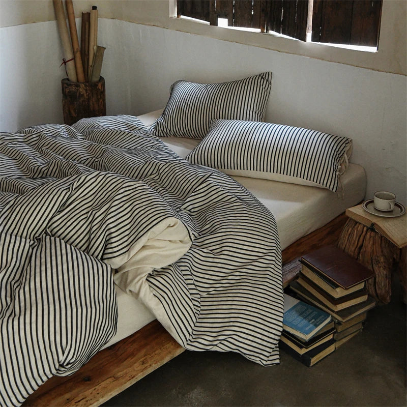 Cyflymder  Linen Cotton Simple Stripes Jacquard Nordic Style Bedding Set Single Double Queen King Duvet Cover Flat/Fitted Sheet Pillowcase