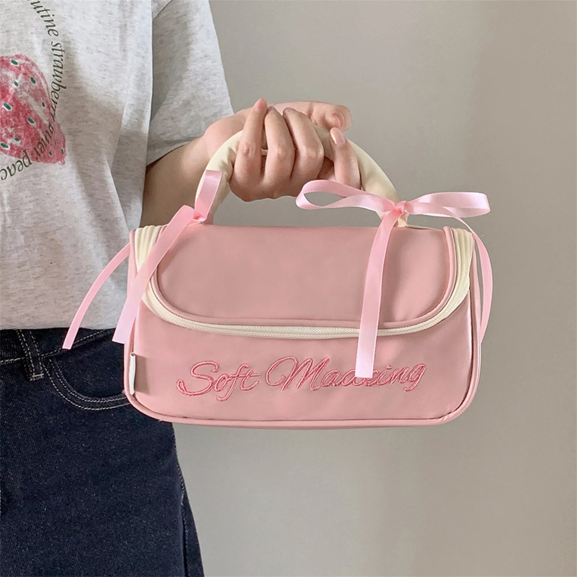 Cyflymder  Embroidered Large Capacity Zipper Pencil Case with Handle for School Supplies Organization and Stationery Storage for Students