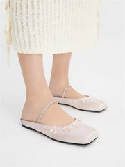 Cyflymder  Big Size 43 Summer Square Toe Cute Pink Satin Ballet Flats Shoes Women Bow Knot Comfy Walk Mules Shoes Outdoor Slipper