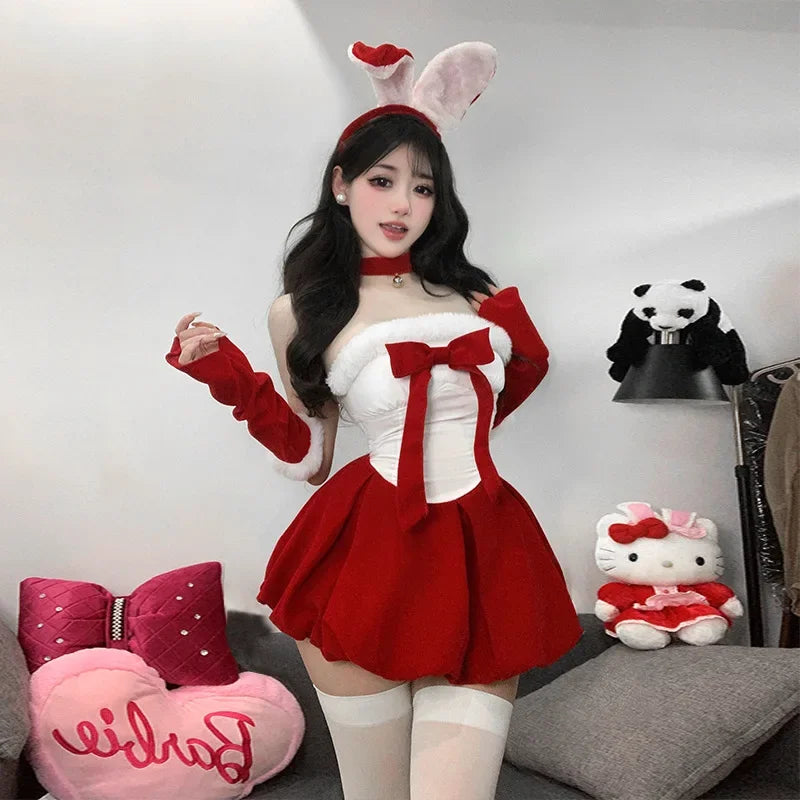 Cyflymder  Christmas Outfit For Women Sexy New Year Halloween Holiday Dresses Bunny Cosplay Velvet Red Dress Santa Party Performance Dance