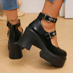 Cyflymder Chunky Platform Punk Gothic Shoes Women Ankle Buckle Super High Heels Pumps Woman Pu Leather Square Heel Mary Jane Shoes