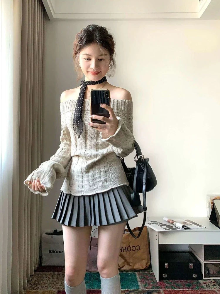 Cyflymder Korean Style Sexy Off Shoulder Sweater Women Sweet Elegant Long Sleeve Knitted Pullover Cute Fashion Slim Up Sweaters