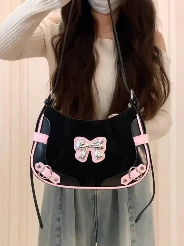 Cyflymder  Sweet Cool Black Y2k Shoulder Bags Purse Women Hot Girls Bow Chic Cute Handbag Female Fairycore Underarm Bag Aesthetic