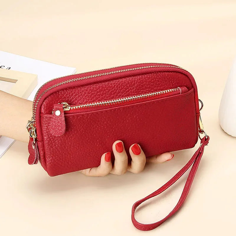 Cyflymder  Genuine Leather Women Double Zip Wallet new Ladies Clutch Purse Cowhide Wristlet Bag Coin Purse Fashion Mobile Phone Bags