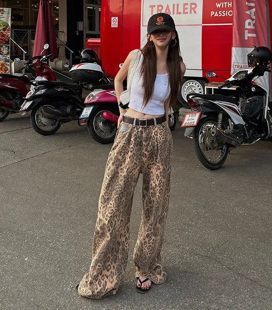 Cyflymder  Retro Splicing High Waist plus Size Slimming Leopard Print Design Casual Sle Women's Jeans Autumn New Arrival